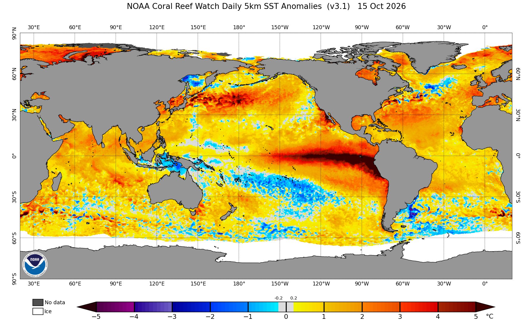 World map of sea surface temperature anomalies on 15 October 2026, with a dark red band of warm water along the equatorial Pacific and warmer than usual seas off south-eastern Australia.